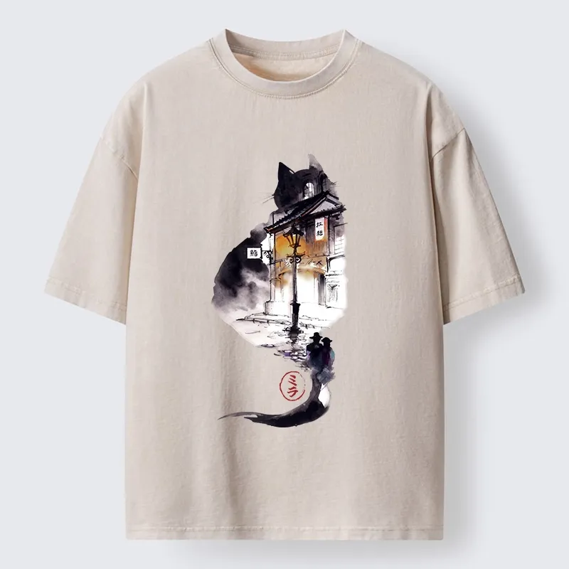 Tokyo-Lion Black Cat Night Street Silhouette Washed T-Shirt
