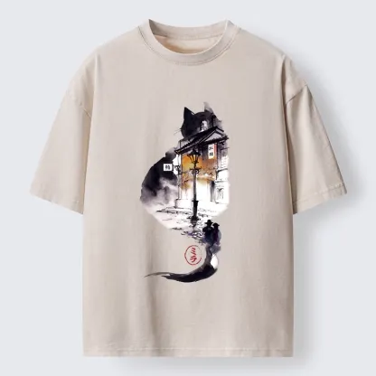 Tokyo-Lion Black Cat Night Street Silhouette Washed T-Shirt