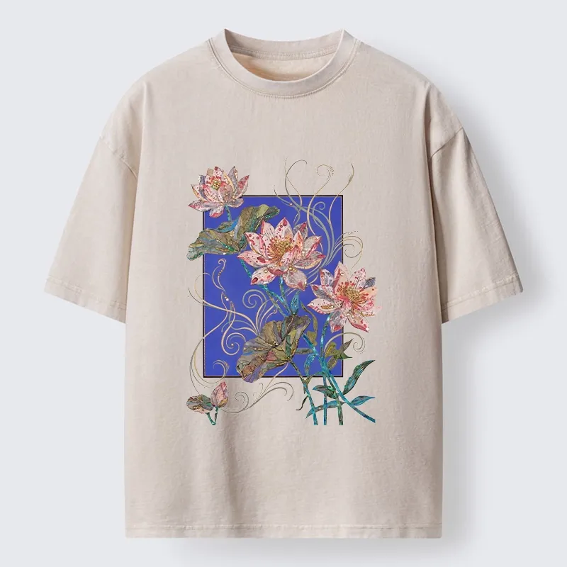 Tokyo-Lion Lotus Art Floral Vibe Washed T-Shirt