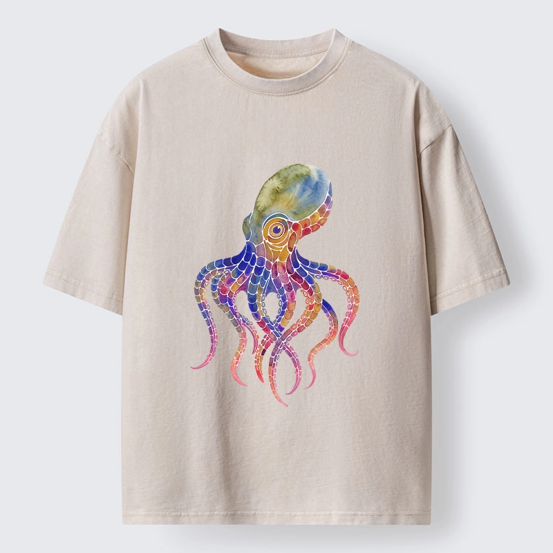 Tokyo-Lion Watercolor Octopus Art Washed T-Shirt