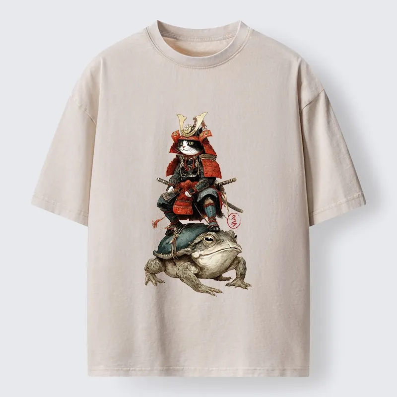Tokyo-Lion Japanese Samurai Cat Warrior Washed T-Shirt