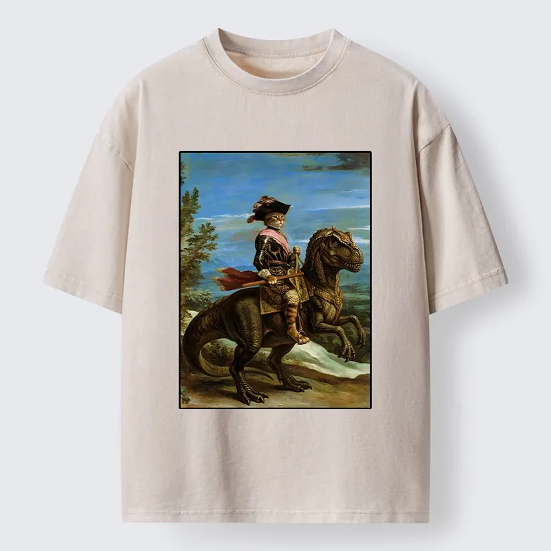Tokyo-Lion Fancy Cat Knight On Dinosaur Washed T-Shirt