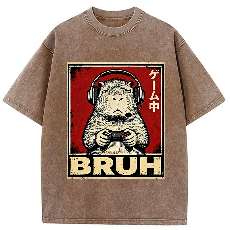 Tokyo-Lion Funny Capybara Playing Games Washed T-Shirt