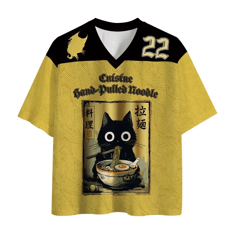 Tokyo-Lion Black Cat Eating Ramen Mesh Jersey