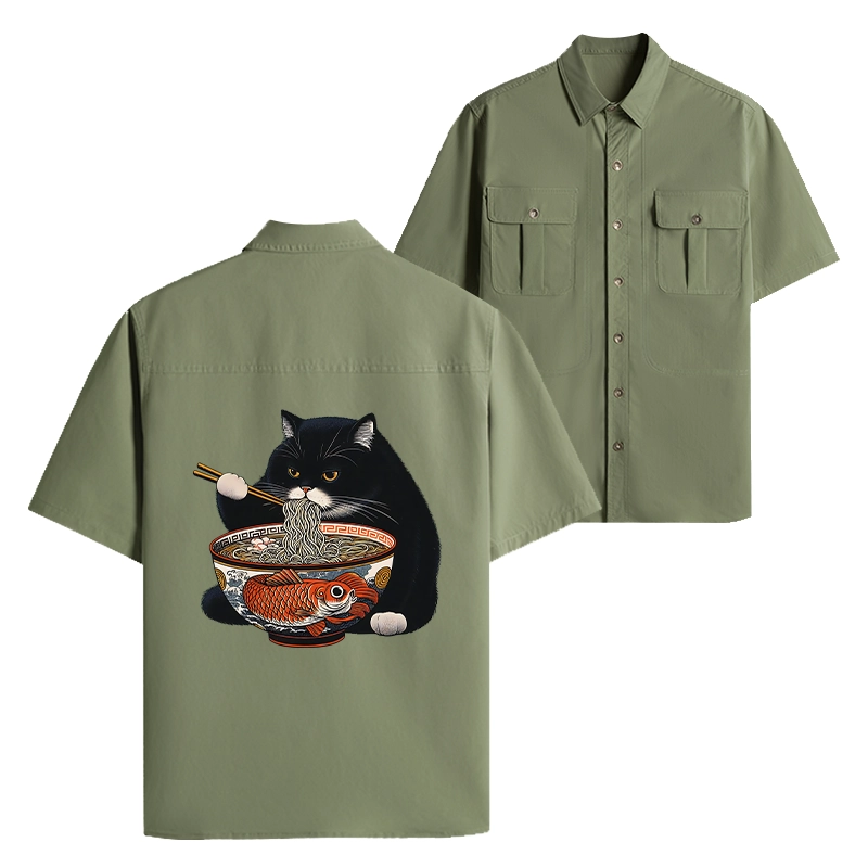 Tokyo-Lion Fat Cat Eating Ramen Work Shirt-Tokyo-Lion