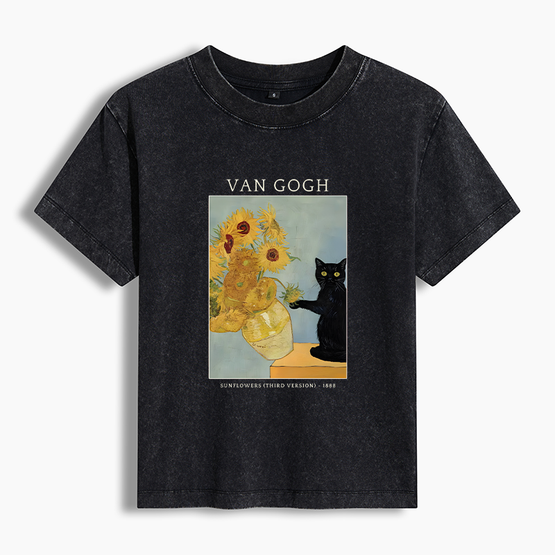 Tokyo-Lion Black Cat With Sunflowers Women's Washed T-shirt