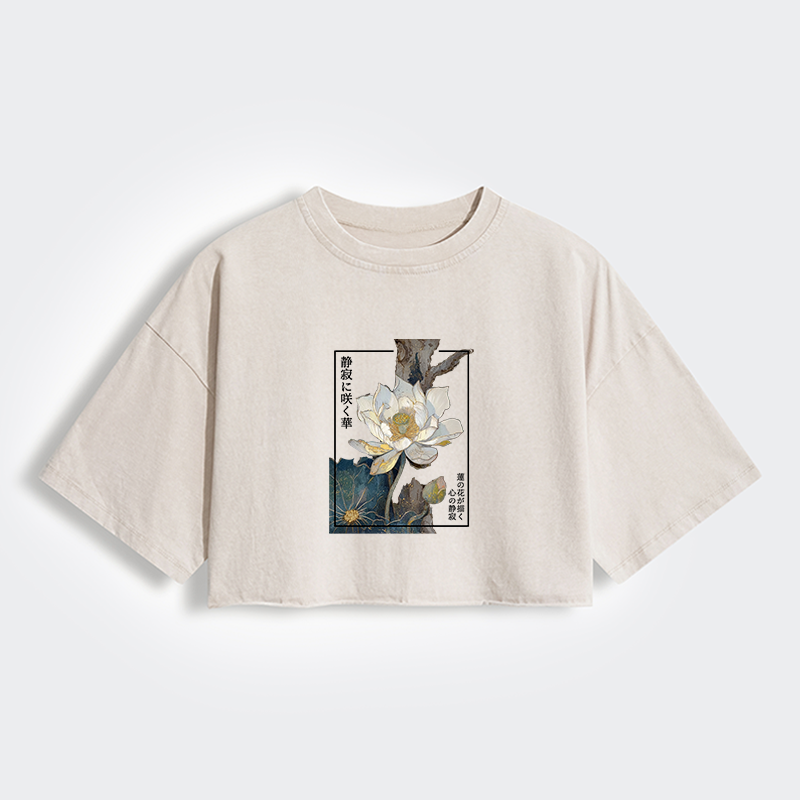 Tokyo-Lion Blooming Lotus Japan Women's Washed Crop T-Shirt