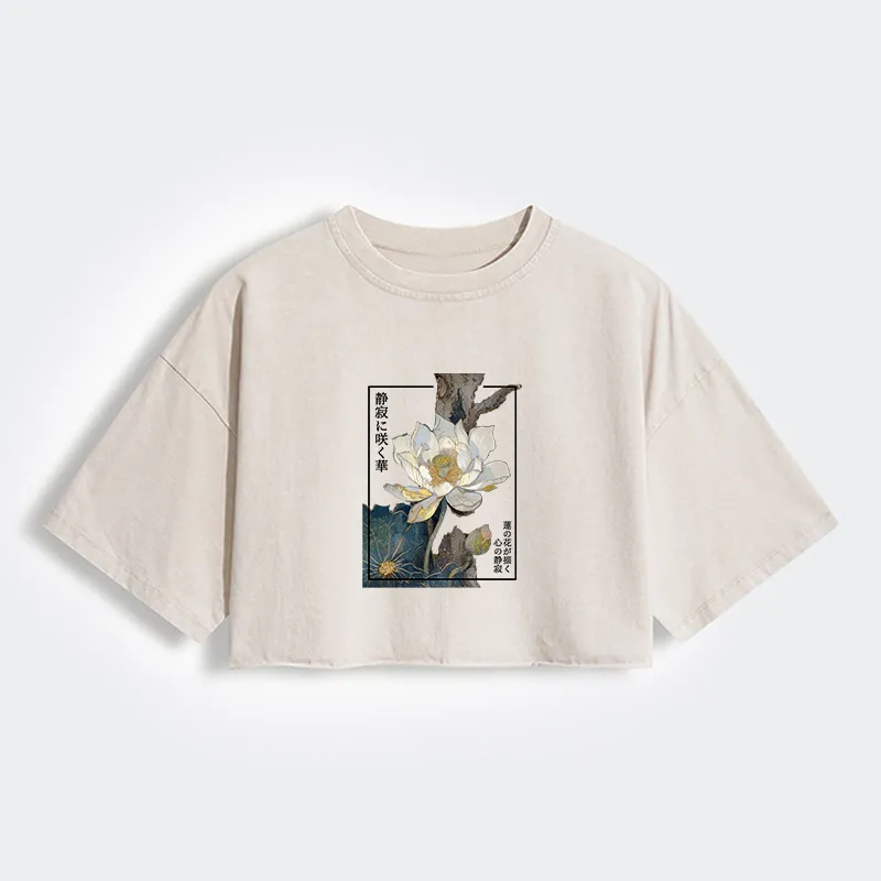 Tokyo-Lion Blooming Lotus Japan Women's Washed Crop T-Shirt