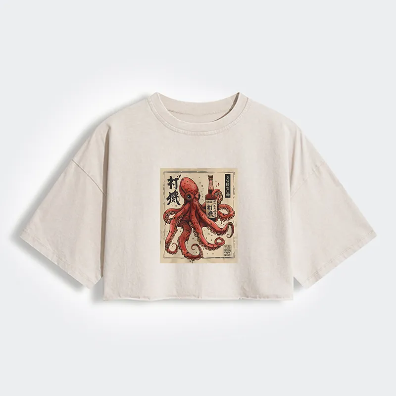 Tokyo-Lion Osaka Saké Octopus Women's Washed Crop T-Shirt