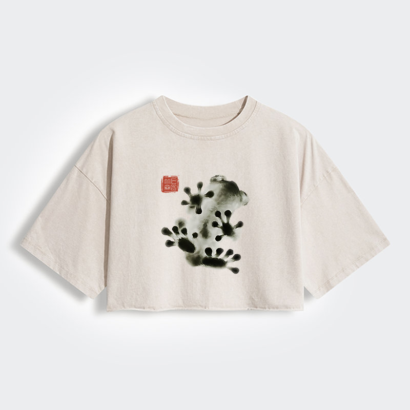 Tokyo-Lion Ink Painting Frog Women's Washed Crop T-Shirt