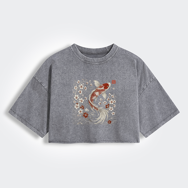 Tokyo-Lion Vintage Sakura And Koi Women's Washed Crop T-Shirt