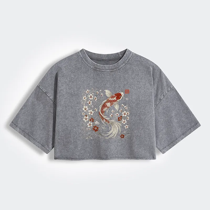 Tokyo-Lion Vintage Sakura And Koi Women's Washed Crop T-Shirt