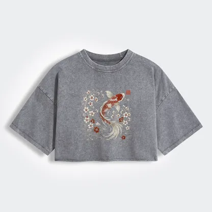 Tokyo-Lion Vintage Sakura And Koi Women's Washed Crop T-Shirt