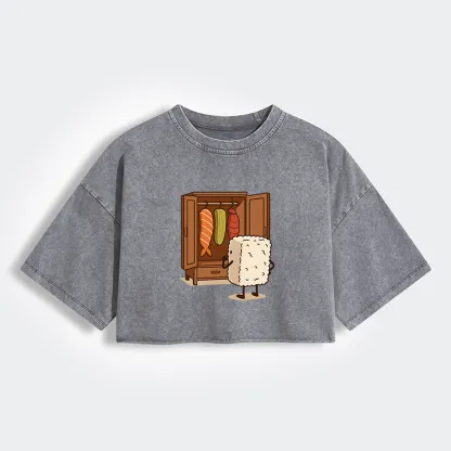 Tokyo-Lion Sushi Pick Out Clothes Women's Washed Crop T-Shirt