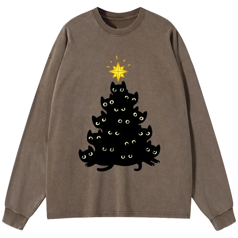 Tokyo-Lion Black Cat Christmas Tree Washed Long Sleeve T-Shirt-Tokyo-Lion