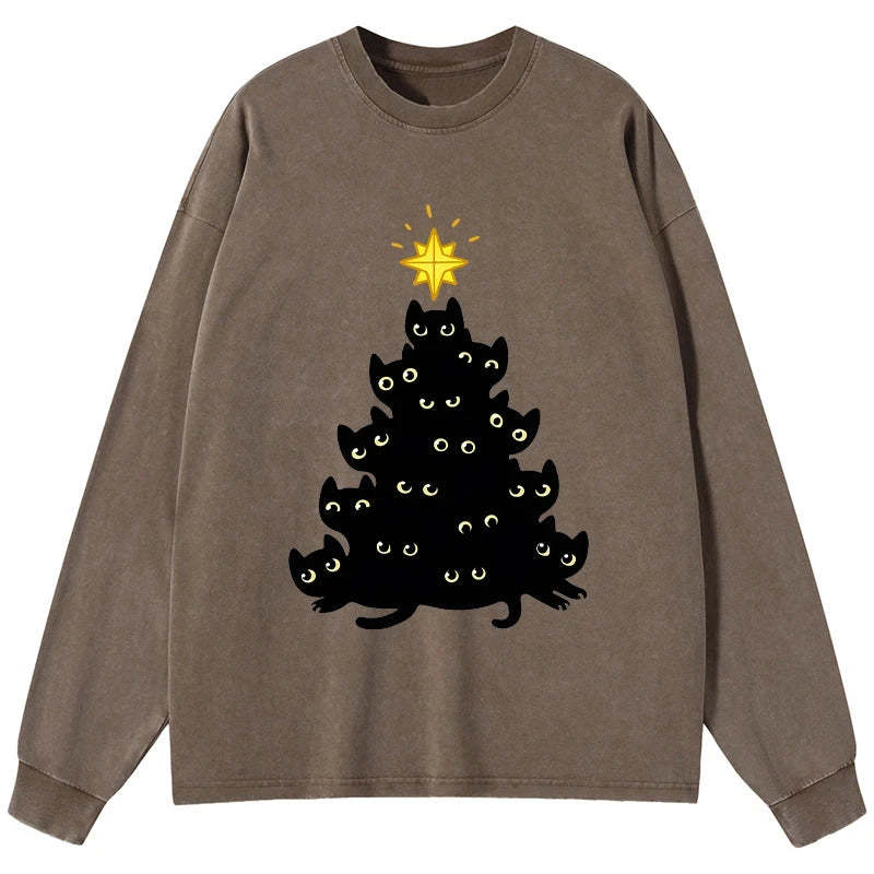 Tokyo-Lion Black Cat Christmas Tree Washed Long Sleeve T-Shirt-Tokyo-Lion