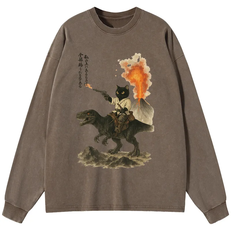 Tokyo-Lion Cat Riding A Dinosaur Washed Long Sleeve T-Shirt