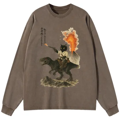 Tokyo-Lion Cat Riding A Dinosaur Washed Long Sleeve T-Shirt