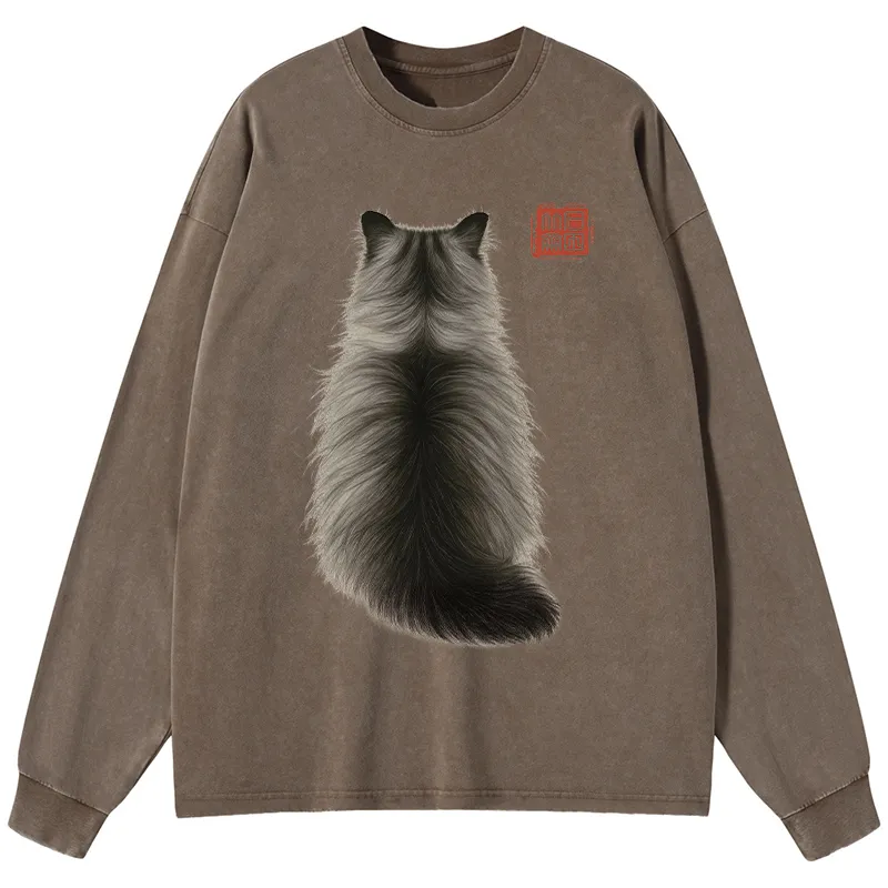 Tokyo-Lion Cat's Back Ink Painting Washed Long Sleeve T-Shirt