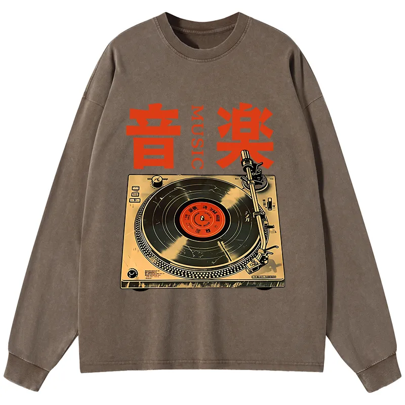 Tokyo-Lion Retro Music Record Player Washed Long Sleeve T-Shirt