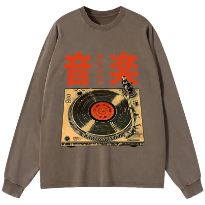 Tokyo-Lion Retro Music Record Player Washed Long Sleeve T-Shirt