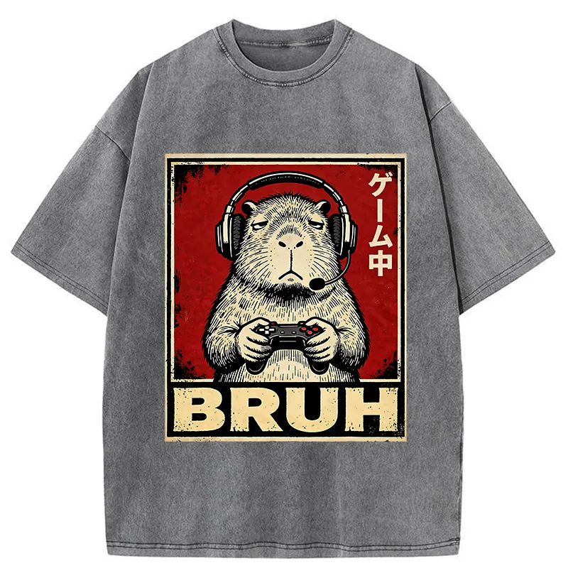 Tokyo-Lion Funny Capybara Playing Games Washed T-Shirt