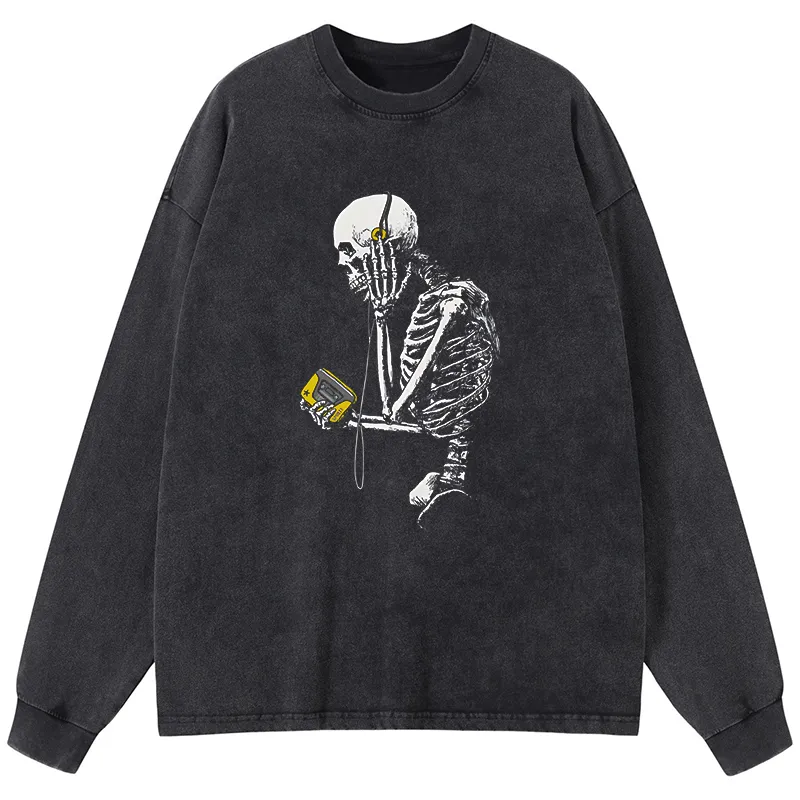 Tokyo-Lion Skeleton Listening To Music Washed Long Sleeve T-Shirt