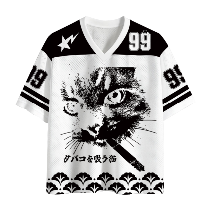Tokyolion Retro Cat Smoking White Mesh Jersey