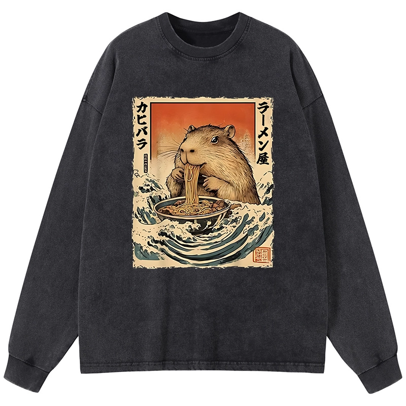Tokyo-Lion Hamster Eating Ramen Washed Long Sleeve T-Shirt