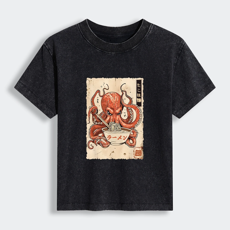 Tokyo-Lion Retro Octopus Eating Ramen Women's Washed T-shirt