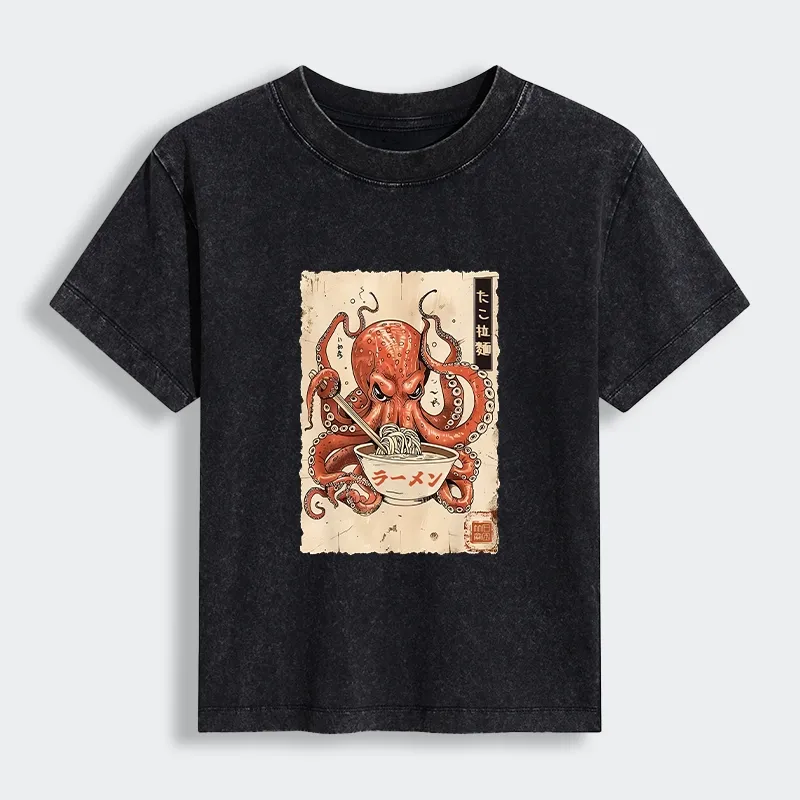 Tokyo-Lion Retro Octopus Eating Ramen Women's Washed T-shirt