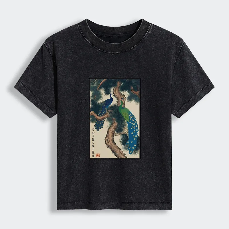 Tokyo-Lion Peacocks in Snowy Pines Women's Washed T-shirt