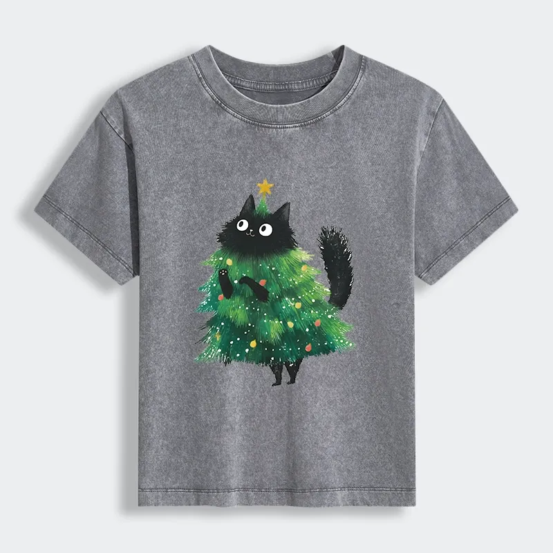 Tokyo-Lion Christmas Tree Cat Japan Women's Washed T-shirt