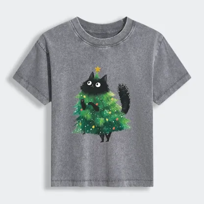 Tokyo-Lion Christmas Tree Cat Japan Women's Washed T-shirt