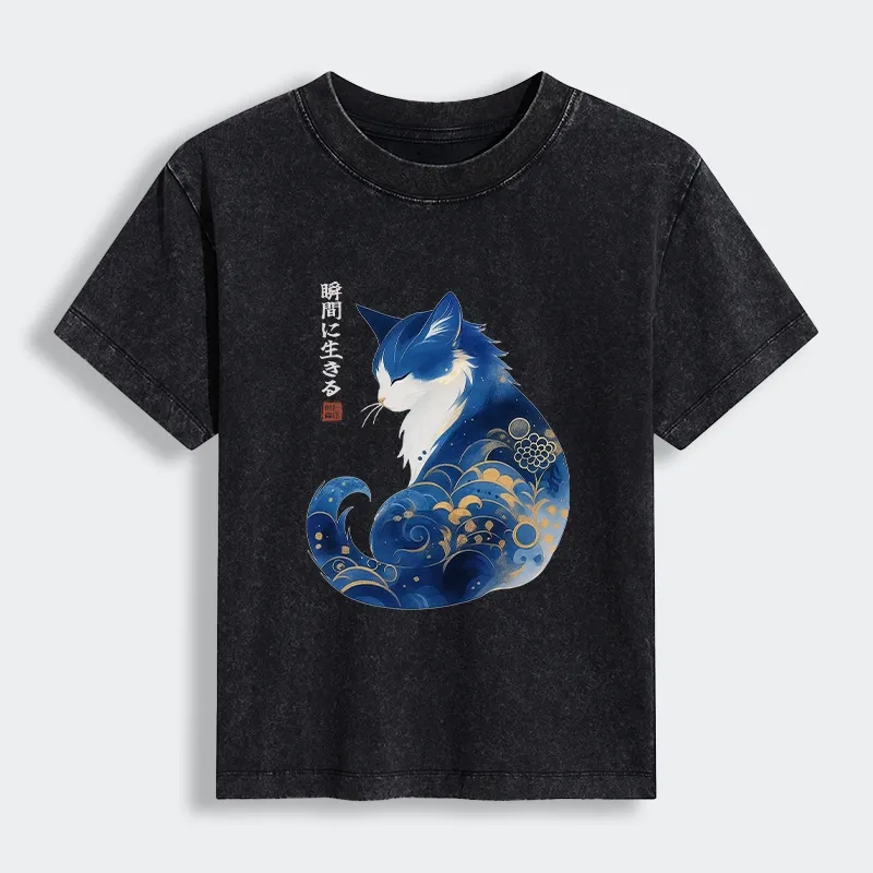 Tokyo-Lion Retro Zen Cat: Living the Present Women's Washed T-shirt