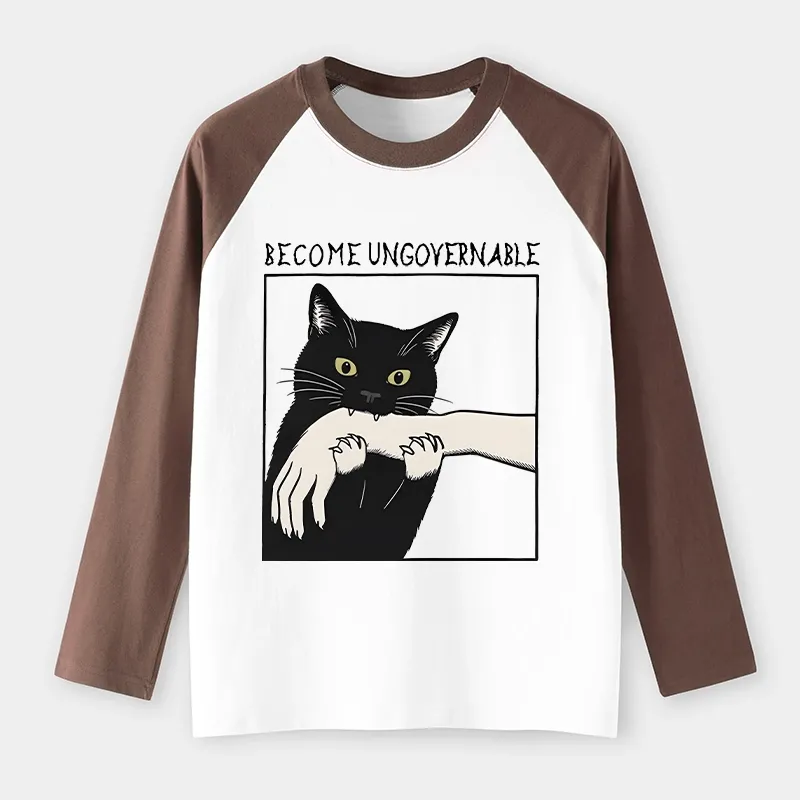 Tokyo-Lion Black Cat Biting Raglan Long Sleeve T-shirt