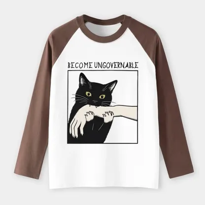 Tokyo-Lion Black Cat Biting Raglan Long Sleeve T-shirt