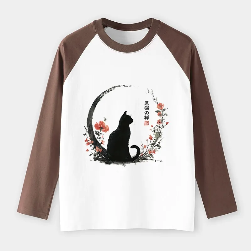 Tokyo-Lion Black Cat And Flowers Raglan Long Sleeve T-shirt