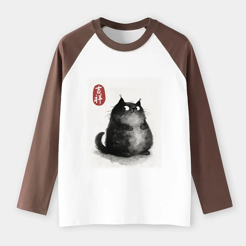 Tokyo-Lion Auspicious Fluffy Black Cat Ink Painting Raglan Long Sleeve