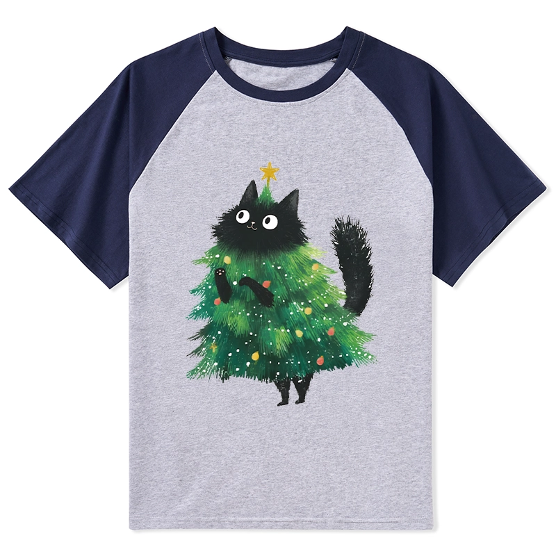 Tokyo-Lion Christmas Tree Cat Japan Raglan T-shirt