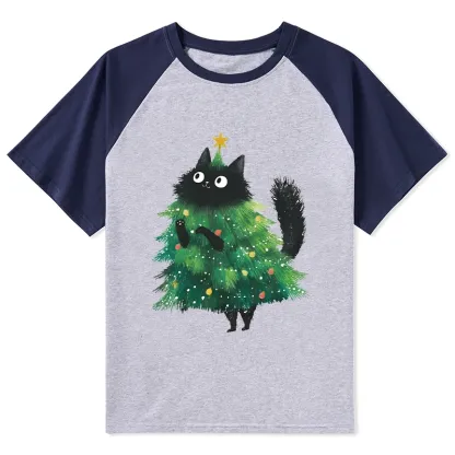 Tokyo-Lion Christmas Tree Cat Japan Raglan T-shirt