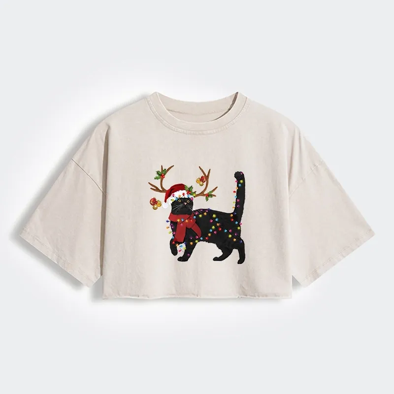 Tokyo-Lion Christmas Black Cat Women's Washed Crop T-Shirt