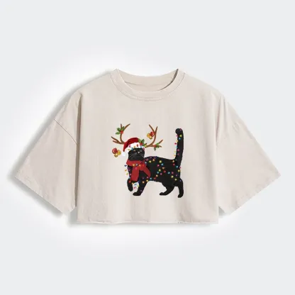 Tokyo-Lion Christmas Black Cat Women's Washed Crop T-Shirt