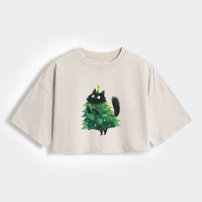Tokyo-Lion Christmas Tree Cat Japan Women's Washed Crop T-Shirt