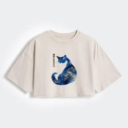 Tokyo-Lion Retro Zen Cat: Living the Present Women's Washed Crop T-Shirt
