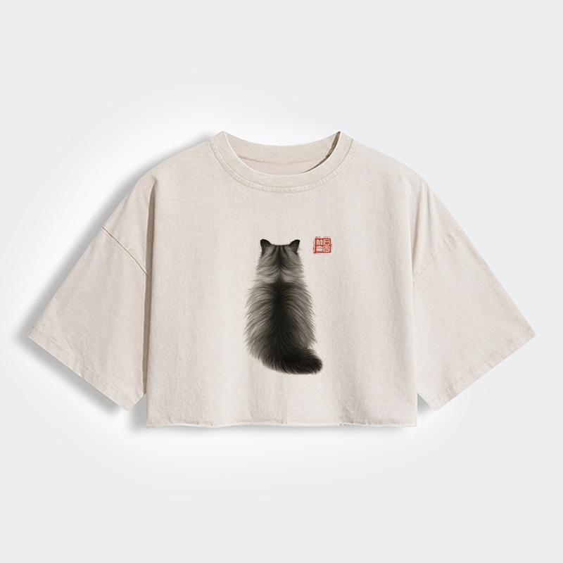 Tokyo-Lion Cat's Back Ink Painting Women's Washed Crop T-Shirt