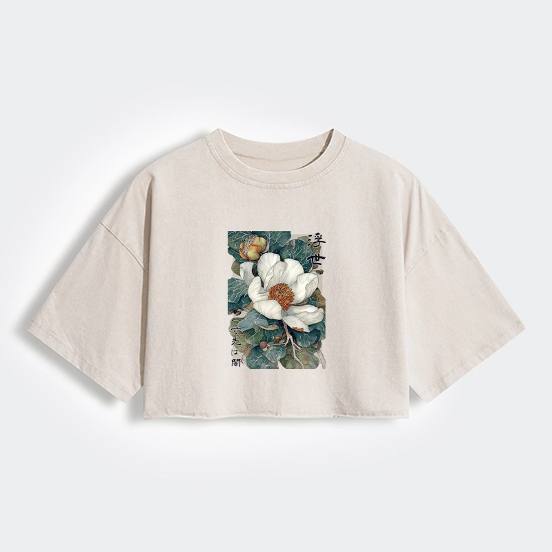 Tokyo-Lion Ukiyoe Magnolia Flower Poster Women's Washed Crop T-Shirt