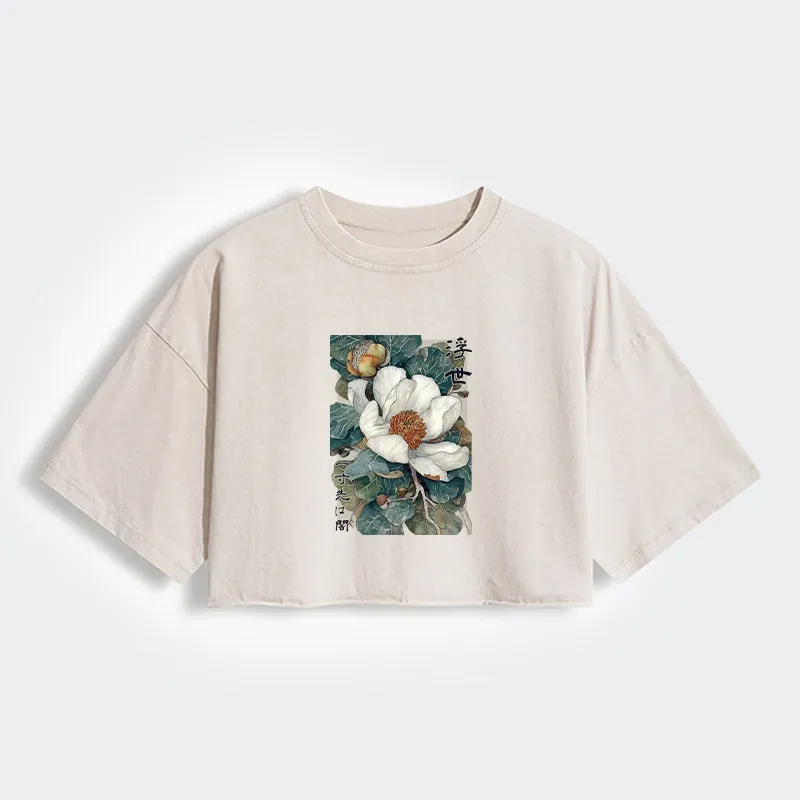 Tokyo-Lion Ukiyoe Magnolia Flower Poster Women's Washed Crop T-Shirt