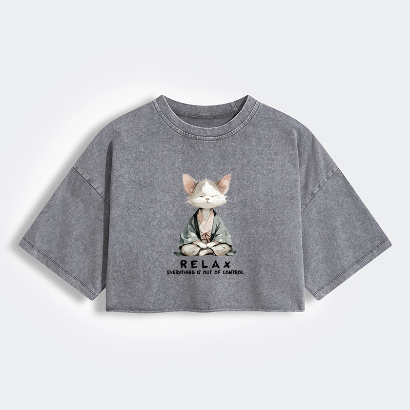 Tokyo-Lion Zen Cat Relaxation，Everything's Out Of Control Women's Washed Crop T-Shirt