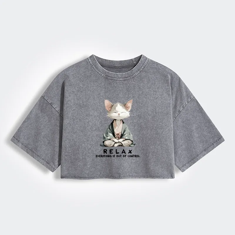 Tokyo-Lion Zen Cat Relaxation，Everything's Out Of Control Women's Washed Crop T-Shirt
